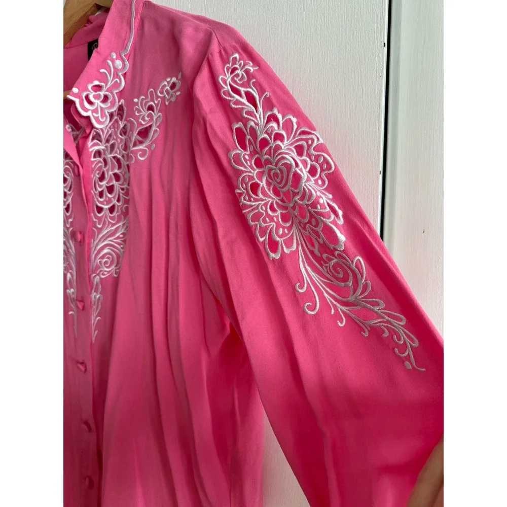 Bob Mackie Wearable Art VINTAGE 90s button down bubblegum 100% silk embroidery L - Picture 3 of 14